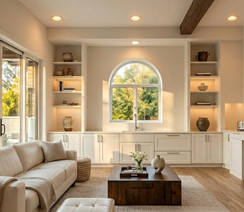 Warm 3000K recessed LED lights glowing in a sunlit open-plan living room and kitchen — choosing the right white light