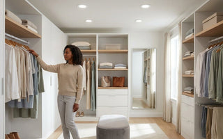 Bright walk-in closet lit by slim canless LED recessed downlights — energy-efficient, neutral-white closet lighting