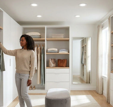 Bright walk-in closet lit by slim canless LED recessed downlights — energy-efficient, neutral-white closet lighting