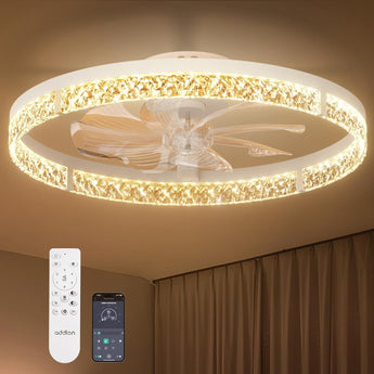24" Low Profile Fandelier Ceiling Fan with Light & Remote, Crystal Design, 3 - CCT Dimmable, Flush Mount Bladeless Fan - 2