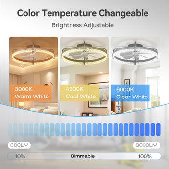 24" Low Profile Fandelier Ceiling Fan with Light & Remote, Flush Mount, Crystal Design, 3 - CCT Dimmable, Modern LED Fan - 3