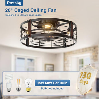 20" Black Caged Bladeless Ceiling Fan Light, Farmhouse Flush Mount 6 Speed Fandelier - 4