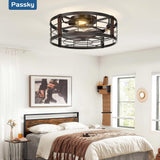 20" Black Caged Bladeless Ceiling Fan Light, Farmhouse Flush Mount 6 Speed Fandelier - 7