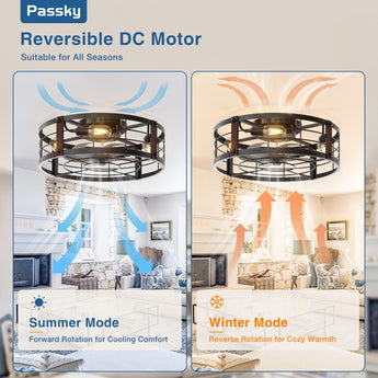 20" Black Caged Bladeless Ceiling Fan Light, Farmhouse Flush Mount 6 Speed Fandelier - 8