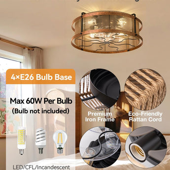 20 Inch Boho Bladeless Ceiling Fan with Light Remote, Woven Caged Flush Mount Reversible 6 Speed Bohemian Fandelier for Bedroom Living Room Kitchen - 2