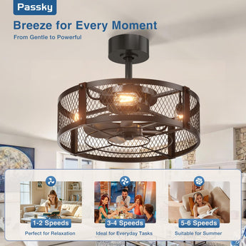 20 Inch Farmhouse Caged Ceiling Fans with Lights and Remote, Black Downrod Mount Bladeless Fandelier, 6 Speeds Bladeless Ceiling Fan Light for Bedroom, Kitchen, Living Room, Indoor - 2