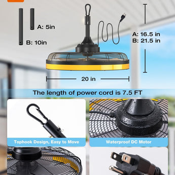 20 Inch Waterproof Outdoor Ceiling Fan with Light, Black Plug - in Hanging Gazebo Fan, 6 Speed 3CCT Dimmable DC Ceiling Fan with Remote & APP Control for Patio Porch Pergola Canopy - 6