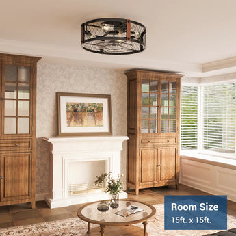 20" Low Profile Fandelier Ceiling Fan with Light & Remote, Industrial Caged Design, 6-Speed, Flush Mount Bladeless Fan-20