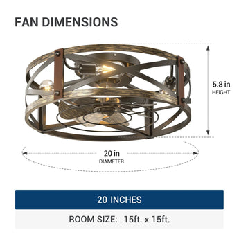 20" Low Profile Fandelier Ceiling Fan with Light & Remote, Industrial Caged Design, 6-Speed, Flush Mount Bladeless Fan-3