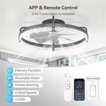 24" Low Profile Fandelier Ceiling Fan with Light & Remote, Flush Mount, Crystal Design, 3 - CCT Dimmable, Modern LED Fan - 4