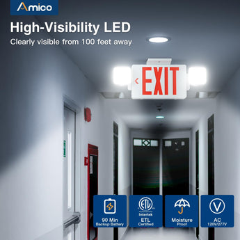 Double - Sided Exit Sign Emergency Light Combo, Two Adjustable LED Heads with Battery Backup, AC 120/277V - 2