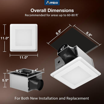Amico-80 CFM Bathroom Exhaust Fan with LED Light, 0.9 Sone Ultra Quiet, 1000LM 5CCT Dimmable, Ceiling Mount-3