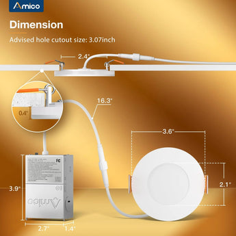3 Inch Recessed LED Lighting With Night Light, Slim Design, Selectable CCT, 500 Lumens - 3