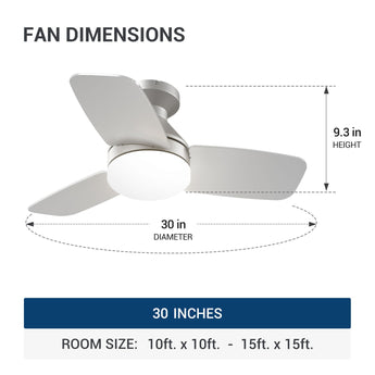 30" Low Profile Ceiling Fan with Light & Remote, Flush Mount, 3 - CCT Dimmable, Reversible & Noiseless, 4 Colors Available - 22