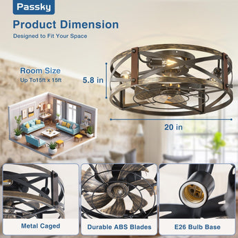 20" Low Profile Fandelier Ceiling Fan with Light & Remote, Industrial Caged Design, 6 - Speed, Flush Mount Bladeless Fan - 4