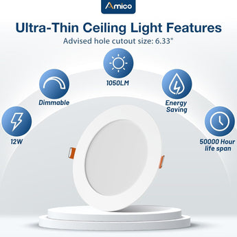 6 Inch Canless LED Recessed Light, Ultra - Thin 5CCT 2700K–5000K, 1050LM Dimmable Wafer Downlight with Junction Box, 12W (110W Eqv), ETL & FCC - 4