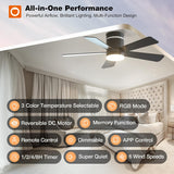 42" Flush Mount RGB Ceiling Fan with Light, Reversible Smart Fan Remote APP Control for Home Indoor Outdoor Use - 6