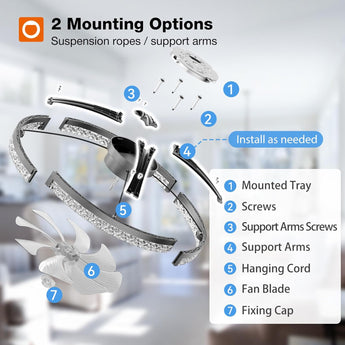 24" Low Profile Fandelier Ceiling Fan with Light & Remote, Crystal Design, 3 - CCT Dimmable, Flush Mount Bladeless Fan - 6