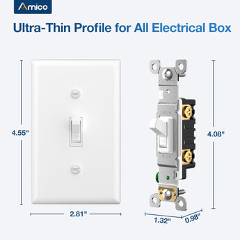 Amico-15A Single Pole Toggle Light Switch with Wall Plate & Screws - White-4