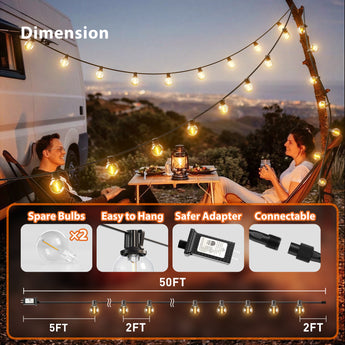 G40 Outdoor String Lights, LED Shatterproof Bulbs, Dimmable & Timable, 3 Lighting Modes - 6
