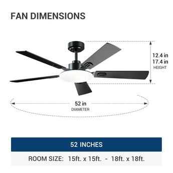 52" Black Ceiling Fan with Light & Remote, 3CCT Dimmable, Reversible, Quiet – Indoor/Outdoor - 3
