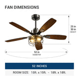 52 Inch Black Caged Ceiling Fan with Light, Remote Control 3CCT Dimmable Quiet Indoor Outdoor Fan - 3