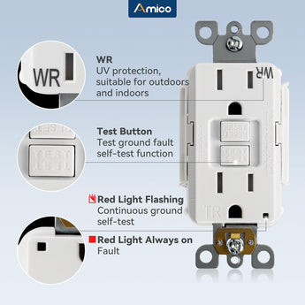 Amico-15A Weather Resistant GFCI Outlet with LED Indicator & Wall Plate - White-5