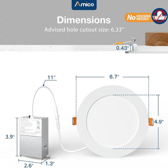 6 Inch Canless LED Recessed Light, Ultra - Thin 5CCT 2700K–5000K, 1050LM Dimmable Wafer Downlight with Junction Box, 12W (110W Eqv), ETL & FCC - 7