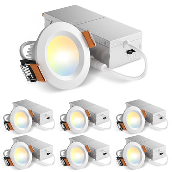 Amico 6 Pack 2 Inch 5CCT Ultra - Thin LED Canless Recessed Ceiling Light with Junction Box, 2700K/3000K/3500K/4000K/5000K Selectable, CRI90+, 6W=40W, 350LM, Dimmable Canless Wafer Downlight - ETL&FCC - 1