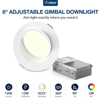 6 Inch Gimbal LED Recessed Lighting, 360° & 90° Adjustable Eyeball, Selectable CCT, 1200 Lumens-1