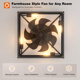 6 Speed Reversible Caged Ceiling Fan with Light Remote, Rustic Square Flush Mount Farmhouse Fandelier - 2