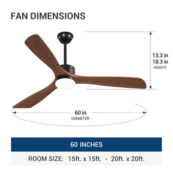 60" Ceiling Fan with Light & Remote, 3 Wood Blades, 6 Speeds, 3CCT Dimmable, Reversible, Quiet – Indoor/Outdoor Black Walnut - 3