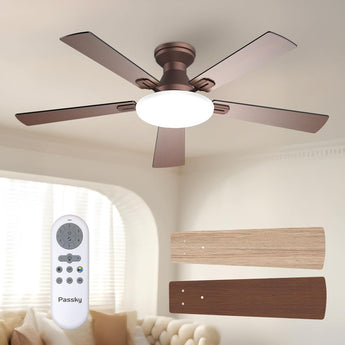 52" Flush Mount Ceiling Fan with Light, Remote, Low Profile, 3CCT Dimmable, Reversible, Quiet DC - 12