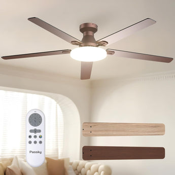 60" Flush Mount Ceiling Fan with Light, Remote, Low Profile, 3CCT Dimmable, Reversible, Quiet DC - 12