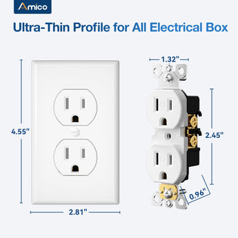 Amico-15A Duplex Tamper Resistant Decorator Outlet with Self-Grounding, Wall Plate & Screws, White-3