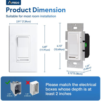 Amico-150W LED Dimmer Switch, Single Pole & 3-Way Universal Receptacle, No Neutral Wire Required, Wall Plate & Screws - White-6