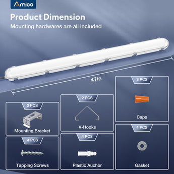 Amico 4 Pack 4FT LED Vapor Tight Light with 50W Adjustable, 6600LM, 5000K, 0 - 10V Dimmable, 100 - 277V, IP65 Waterproof Led Vapor Lighting Fixture with Plug for Shop Parking Garage Car Wash, ETL/FCC - 5
