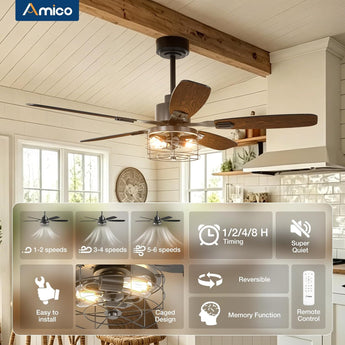 52 Inch Black Caged Ceiling Fan with Light, Remote Control 3CCT Dimmable Quiet Indoor Outdoor Fan - 8