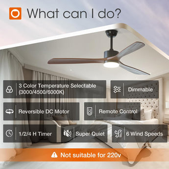 60" Ceiling Fan with Light & Remote, 3 Wood Blades, 6 Speeds, 3CCT Dimmable, Reversible, Quiet – Indoor/Outdoor Black Walnut - 2