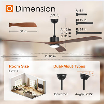 80 inch Ceiling Fans with Lights and Remote Control, Reversible, 3 Wood Blades, 6 Speeds, 3CCT Dimmable, Noiseless, Indoor/Outdoor Black Walnut Ceiling Fan for Bedroom Living Room Gazebo Patio - 1