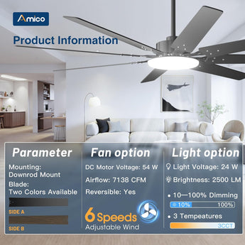 72" Large Ceiling Fan with Light & Remote, 3CCT Dimmable, Quiet – Modern Black, Indoor/Outdoor - 5
