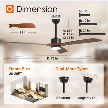 72 inch Ceiling Fans with Lights and Remote Control, Reversible, 3 Wood Blades, 6 Speeds, 3CCT Dimmable, Noiseless, Indoor/Outdoor Black Walnut Ceiling Fan - 4