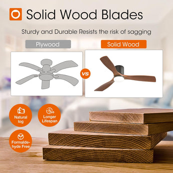 52" Low Profile Ceiling Fan with Light & Remote, Flush Mount, 3 Wood Blades, 3CCT Dimmable, Reversible – Black Walnut, Indoor/Outdoor - 3