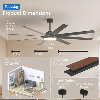 80" Modern Ceiling Fan with Light & Remote – Reversible, Dimmable 3CCT, Quiet Black Fan for Bedroom, Living Room, Patio & Outdoor - 9