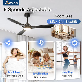 Amico 52" Modern Ceiling Fan with Light & Remote – Dimmable 3CCT, Quiet Black Fan for Living Room, Bedroom & Kitchen - 6