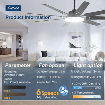 Amico 80" Ceiling Fan with LED Light & Remote – 6 - Speed Quiet Reversible DC Motor, Dimmable, Modern Black for Bedroom, Living Room, Patio - 5