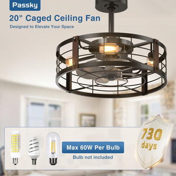 20" Farmhouse Caged Ceiling Fan with Light & Remote, Bladeless Fandelier, 6 Speeds – Black, Indoor - 6
