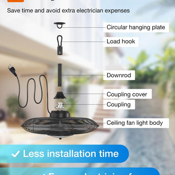 20" Outdoor Waterproof Gazebo Ceiling Fan, Remote & App Control, Reversible, Dimmable, Plug - In Hook Mount - 7