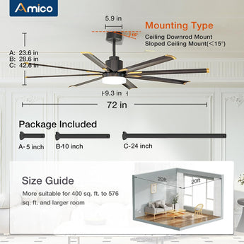 72" Ceiling Fan with Lights – Large Industrial 8 - Blade Black Fan, Reversible, Dimmable, 3CCT, Remote Control, Damp Rated for Bedroom & Patio - 8