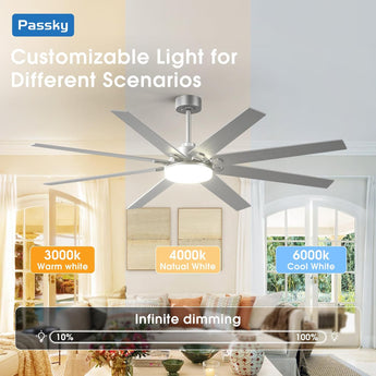 72" Large Ceiling Fan with Light & Remote, 3CCT Dimmable, Reversible, Quiet – Modern Nickel, Indoor/Outdoor - 4